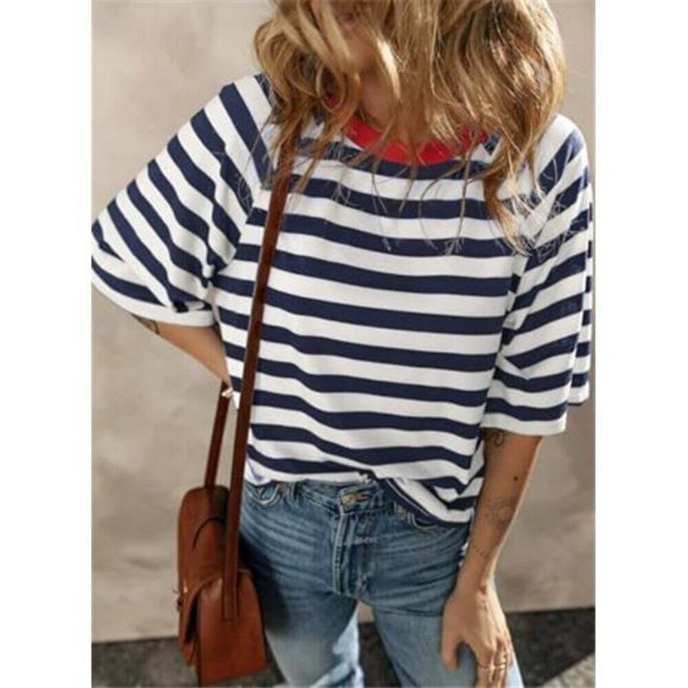 Striped Color Block Top White Blue Red Neck Casual Tee